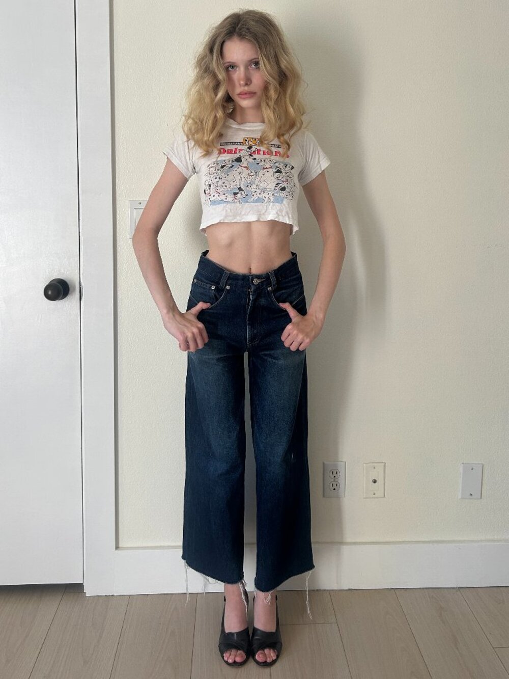70s Wide Leg Jeans (28) blue denim vintage womens distressed high rise dark wash